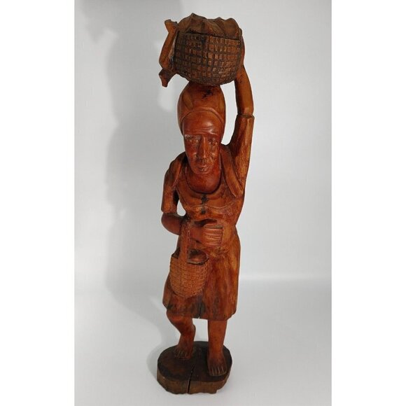 Hand Made Wood Carving Folk & Indigenous Brown Carrying Basket Statue Sculpture - Picture 1 of 12